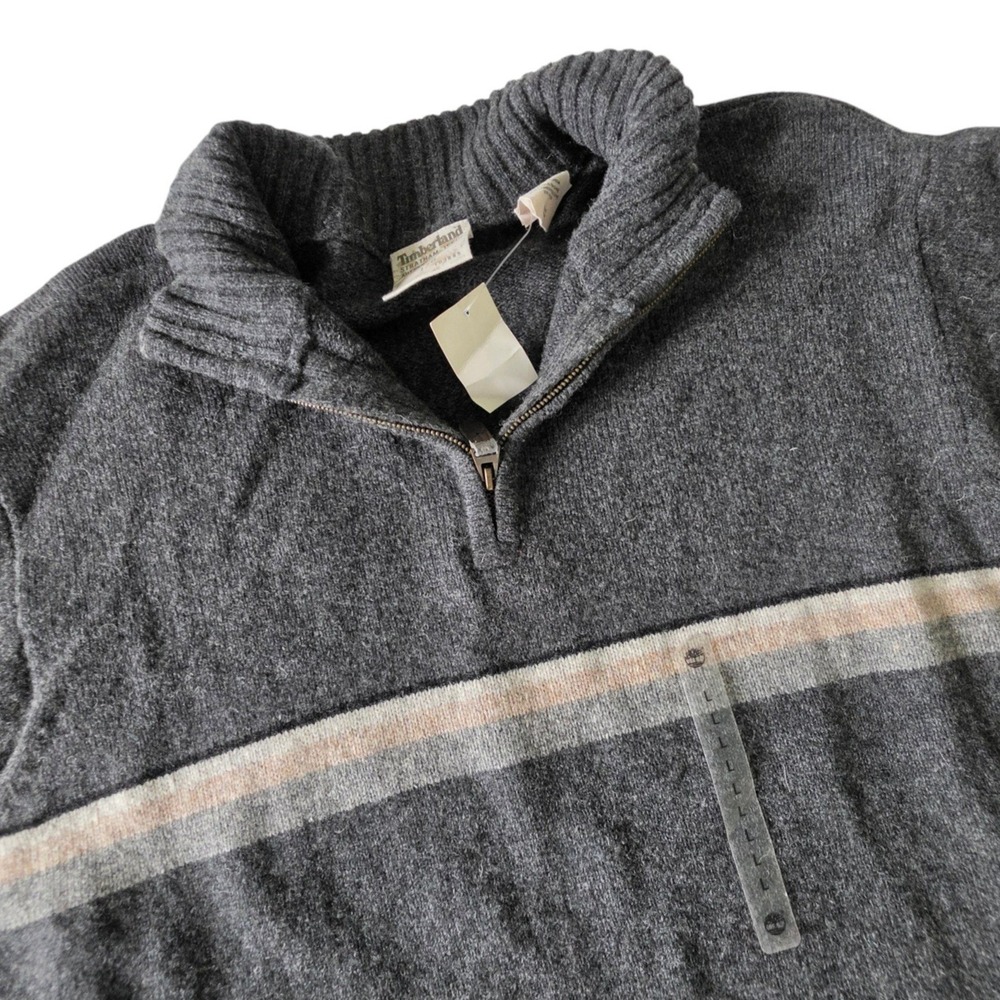 Timberland Mens Quarter Zip Sweater Gray Striped Lambswool Stratham Issue Large